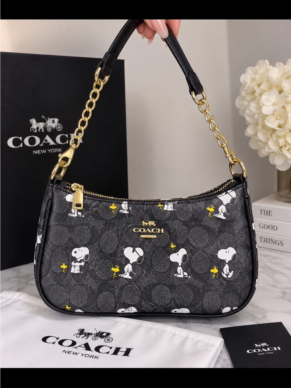 Coach Black Snoopy & Woodstock Printed Shoulder Bag with Gold Hardware